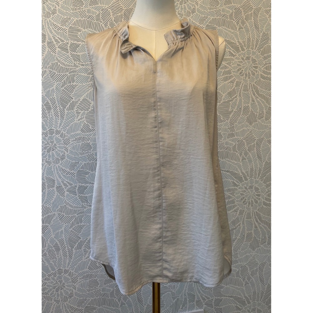 Cabi Womens Sleeveless Ruffle Neck Blouse Neutral Taupe Easy Care Minimalist S